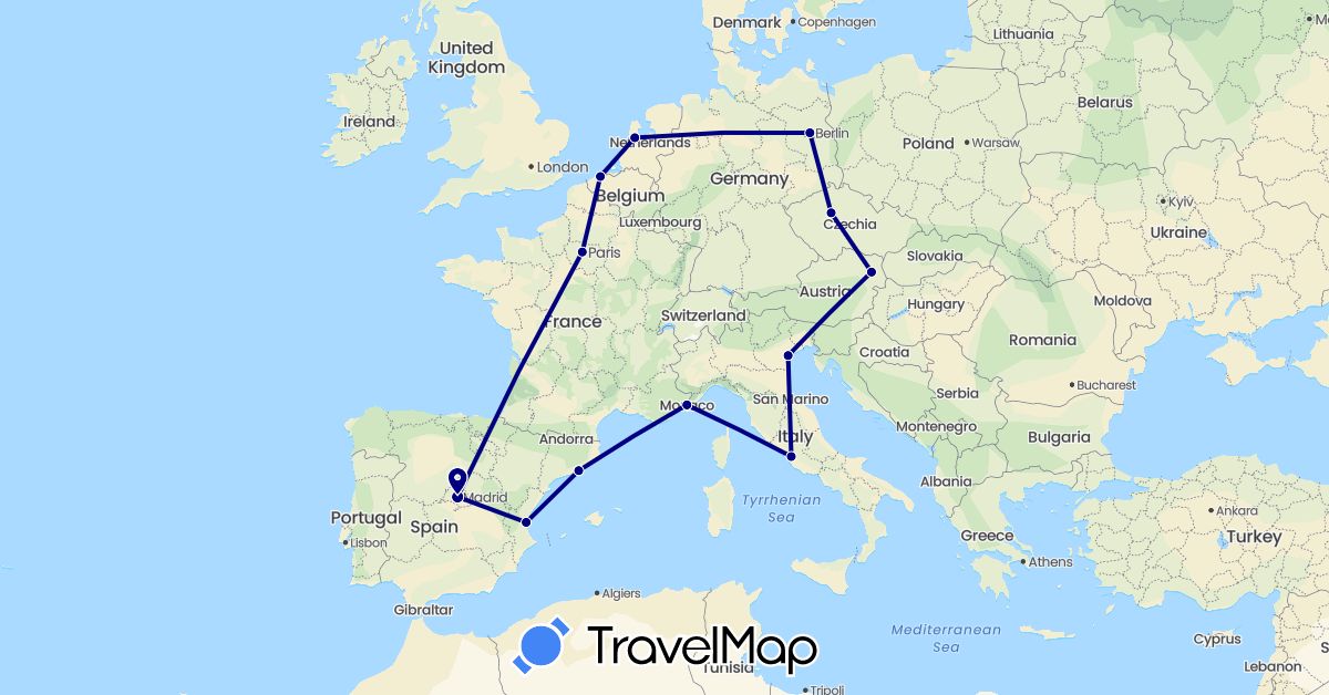 TravelMap itinerary: driving in Austria, Belgium, Czech Republic, Germany, Spain, France, Italy, Monaco, Netherlands (Europe)